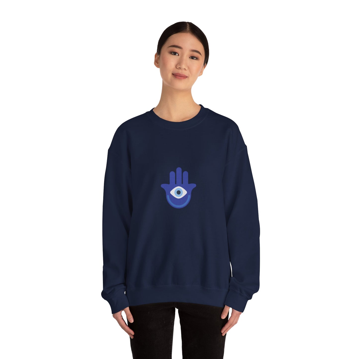 Evil Eye Hamsa Classic White Crewneck Sweatshirt — Unisex Heavy Blend Crew