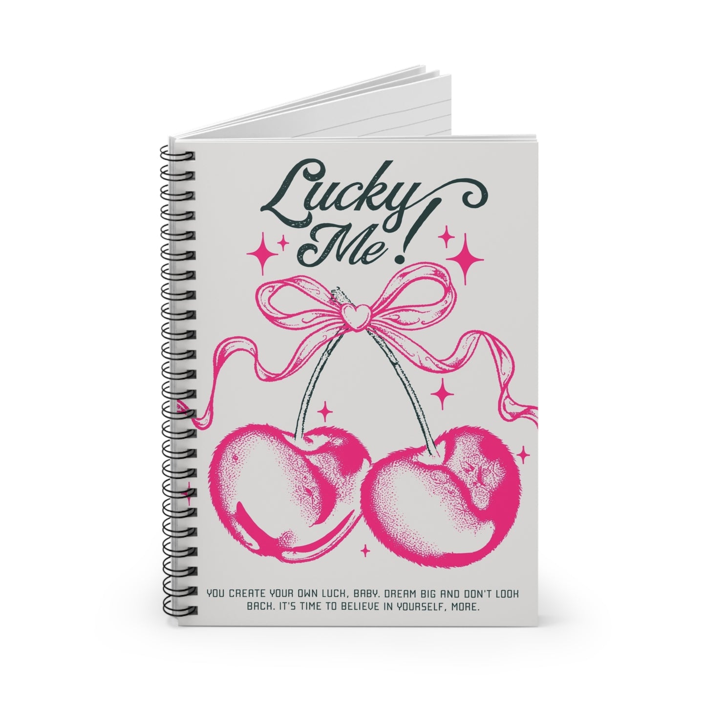 Lucky Me! Spiral Notebook, Inspirational Journal, Cute Stationery Gift, Self-Belief Planner, Cherry Blossom Design