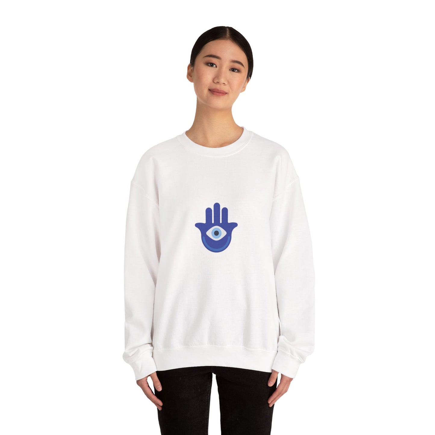 Evil Eye Hamsa Classic White Crewneck Sweatshirt — Unisex Heavy Blend Crew